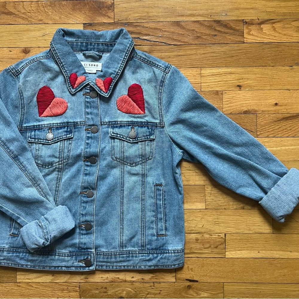 Hand Embroidered Heart Jean Jacket